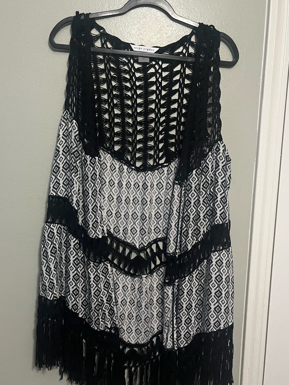 Peter Nygård Black Crochet Fringe Open-Knit Cover-Up